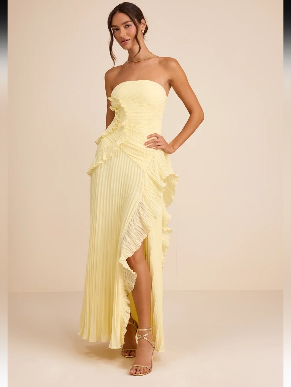 Lulus Pale Yellow Strapless Pleated Ruffle Maxi Dress Size S NEW #3G
